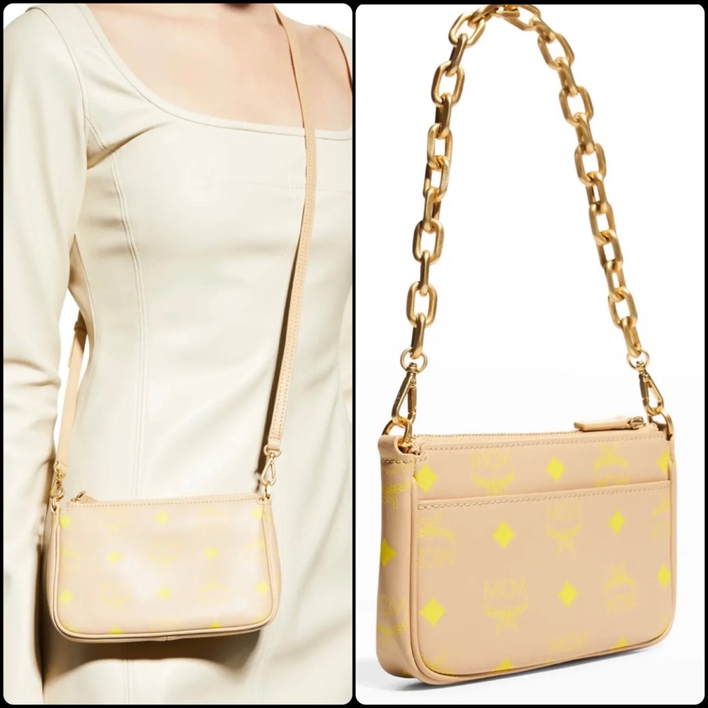 NWT! MCM Croissant Yellow Mini Color Splash Logo Leather Shoulder Bag
